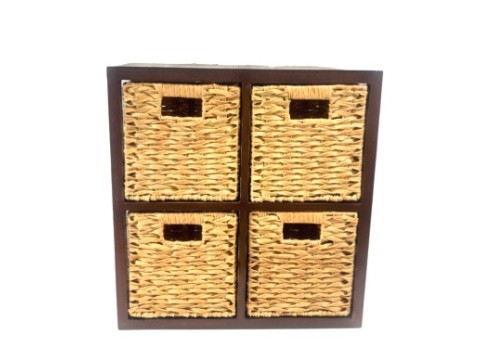 Refined Acacia Wood 4-Drawer PE Resin Water Hyacinth Organizer with Herringbone Weaving
